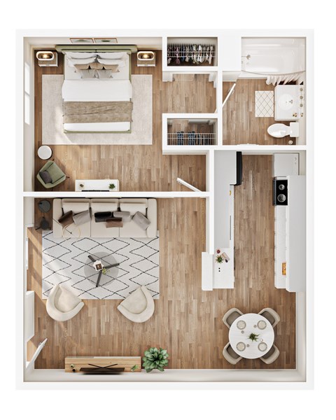 Floor plan for 1 bed, 1 bath, 605 sqft